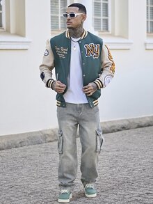 Devon Thys 男士休闲街头翻盖口袋宽松直筒工装牛仔裤，纯色长款破洞直筒工装浅蓝色工装牛仔裤，适合老公、男朋友的礼物 - 灰色 - 查看 5