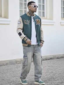 Devon Thys 男士休闲街头翻盖口袋宽松直筒工装牛仔裤，纯色长款破洞直筒工装浅蓝色工装牛仔裤，适合老公、男朋友的礼物 - 灰色 - 查看 1