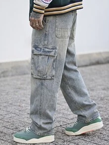 Devon Thys 男士休闲街头翻盖口袋宽松直筒工装牛仔裤，纯色长款破洞直筒工装浅蓝色工装牛仔裤，适合老公、男朋友的礼物 - 灰色 - 查看 6