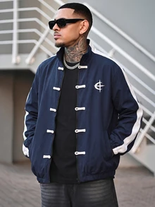Devon Thys 男士撞色印花拉链立领长袖夹克足球服 - 藍色 - 查看 6