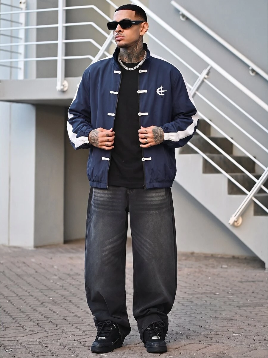 Devon Thys 男士撞色印花拉链立领长袖夹克足球服 - 藍色 - 查看 1
