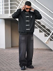 Devon Thys 男款對比圖案印花拉鍊立領長袖足球夾克外套 - 黑色 - 查看 3