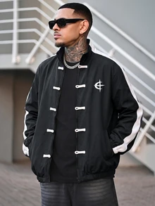 Devon Thys 男款對比圖案印花拉鍊立領長袖足球夾克外套 - 黑色 - 查看 6