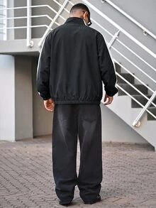 Devon Thys 男款對比圖案印花拉鍊立領長袖足球夾克外套 - 黑色 - 查看 2