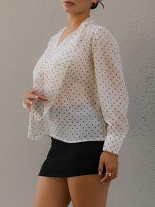 Andrea Bello Women's Polka Dot Bowknot Elegant Long Sleeve Blouse - Apricot - View 5