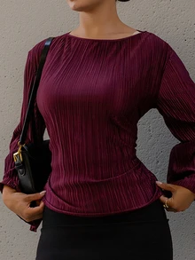 Andrea Bello Autumn/Winter Wide Round Neck Flare Sleeve Cinched Waist Pleated Shirt - Burgundy - View 5
