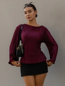 Andrea Bello Autumn/Winter Wide Round Neck Flare Sleeve Cinched Waist Pleated Shirt - Burgundy - View 1