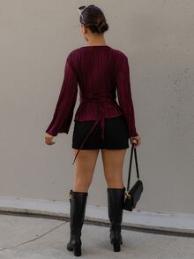 Andrea Bello Autumn/Winter Wide Round Neck Flare Sleeve Cinched Waist Pleated Shirt - Burgundy - View 2