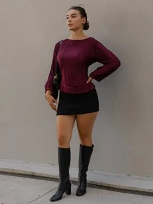 Andrea Bello Autumn/Winter Wide Round Neck Flare Sleeve Cinched Waist Pleated Shirt - Burgundy - View 4
