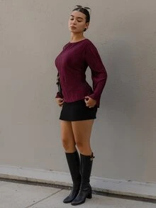 Andrea Bello Autumn/Winter Wide Round Neck Flare Sleeve Cinched Waist Pleated Shirt - Burgundy - View 6
