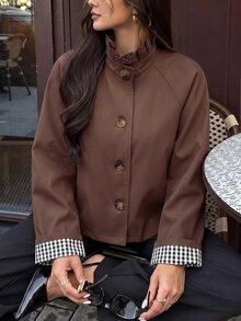 Brillora 女款四季時尚休閒優雅日常浪漫短版風衣外套，下午茶、購物、通勤必備穿搭 - 棕色 - 查看 2