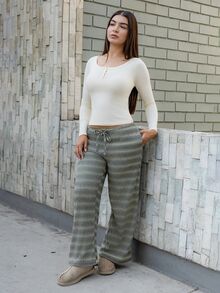 Andrea Bello Women's Comfortable Casual Y2k Simple Low Waist Drawstring Wide Leg Pants Striped Set Comfy Lounge Petite Everyday Work Green Stripe Autumn - Green - View 3