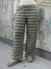 Andrea Bello Women's Comfortable Casual Y2k Simple Low Waist Drawstring Wide Leg Pants Striped Set Comfy Lounge Petite Everyday Work Green Stripe Autumn - Green - View 5