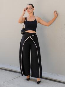 Andrea Bello Women Summer Classy Elegant Cream Black Overlapping 2 In 1 Pants,Winter Work Office Colorblock Commuter Side Zipper Easy On/Off Casual Versatile Pants - Black - View 4