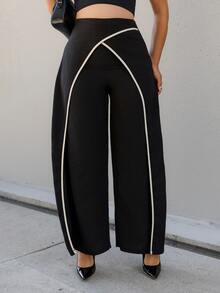 Andrea Bello Women Summer Classy Elegant Cream Black Overlapping 2 In 1 Pants,Winter Work Office Colorblock Commuter Side Zipper Easy On/Off Casual Versatile Pants - Black - View 6