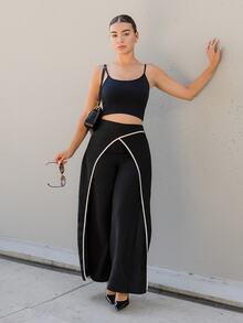Andrea Bello Women Summer Classy Elegant Cream Black Overlapping 2 In 1 Pants,Winter Work Office Colorblock Commuter Side Zipper Easy On/Off Casual Versatile Pants - Black - View 1
