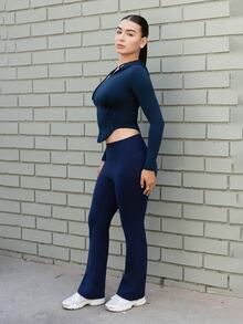 Andrea Bello Women's Long Navy Blue Flare Leg Pants Casual Knitted Fabric Rib-Knit Style Navy Blue Pants Flared Pants High Waist Pants - Navy Blue - View 4