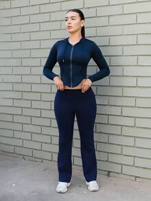 Andrea Bello Women's Long Navy Blue Flare Leg Pants Casual Knitted Fabric Rib-Knit Style Navy Blue Pants Flared Pants High Waist Pants - Navy Blue - View 3