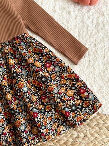 SHEIN 女嬰針織純色圓領拼接可愛花卉下擺休閒洋裝，適合秋冬，秋季新款 - 彩色 - 查看 4