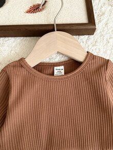 SHEIN 女嬰針織純色圓領拼接可愛花卉下擺休閒洋裝，適合秋冬，秋季新款 - 彩色 - 查看 3