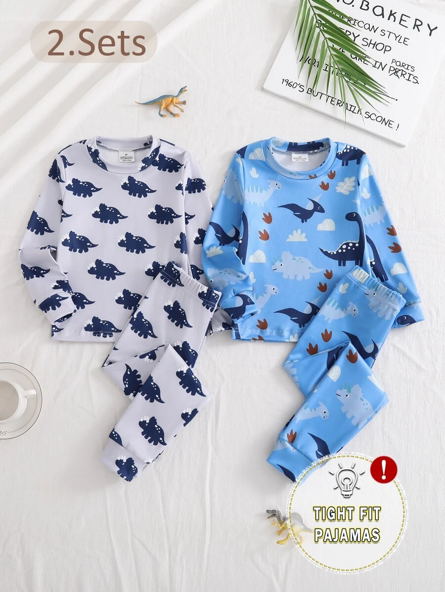 [8 Sets Randomly Send 2 Sets]Boy's And Young Boy Home Clothes Cute Cartoon Print Long Sleeve Long Pants Knit Snug Fit Pajama Set - Multicolor - View 1