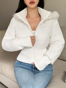 DAZY Women's Solid Color Fleece Hooded Zipper Winter Travel Padded Coat Fall Jacket - White - View 5