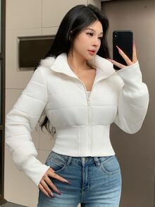 DAZY Women's Solid Color Fleece Hooded Zipper Winter Travel Padded Coat Fall Jacket - White - View 3