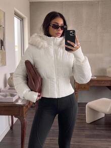 DAZY Women's Solid Color Fleece Hooded Zipper Winter Travel Padded Coat Fall Jacket - White - View 10