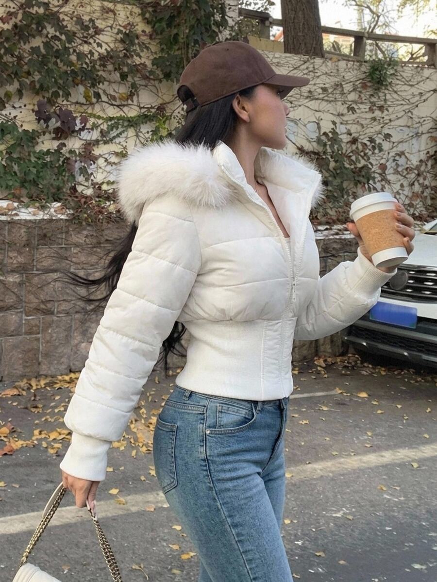 DAZY Women's Solid Color Fleece Hooded Zipper Winter Travel Padded Coat Fall Jacket - White - View 1