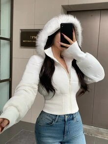 DAZY Women's Solid Color Fleece Hooded Zipper Winter Travel Padded Coat Fall Jacket - White - View 9