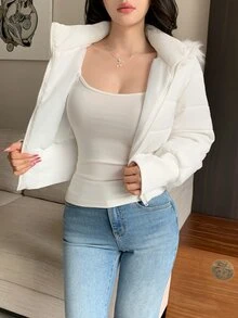 DAZY Women's Solid Color Fleece Hooded Zipper Winter Travel Padded Coat Fall Jacket - White - View 8