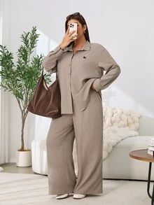 Solflare Plus Size Women's Autumn/Winter Camel Color Button-Up Long Sleeve Shirt And Pocket Long Pants Casual Commute 2 Pieces Set - Multicolor - View 5