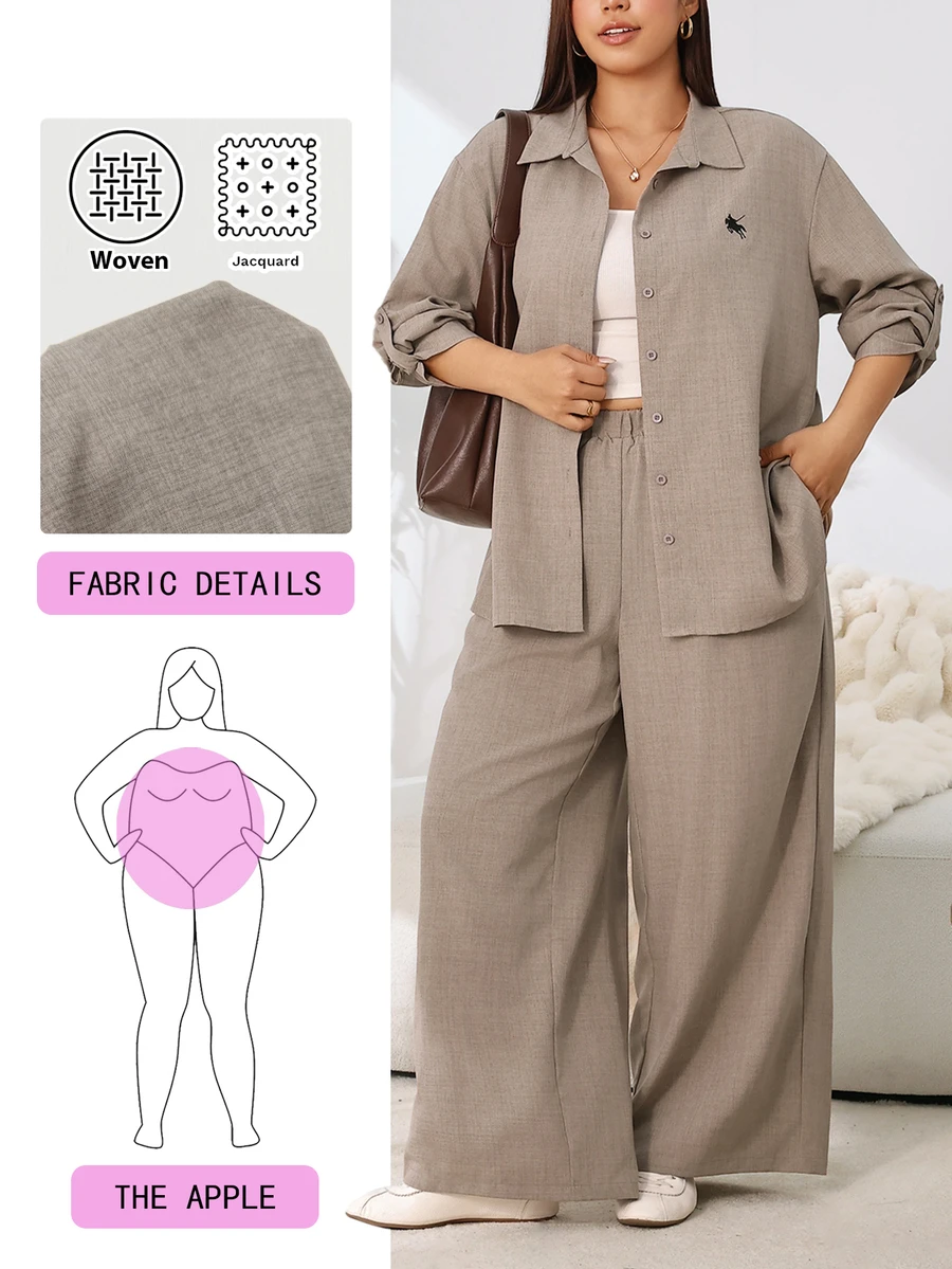 Solflare Plus Size Women's Autumn/Winter Camel Color Button-Up Long Sleeve Shirt And Pocket Long Pants Casual Commute 2 Pieces Set - Multicolor - View 1