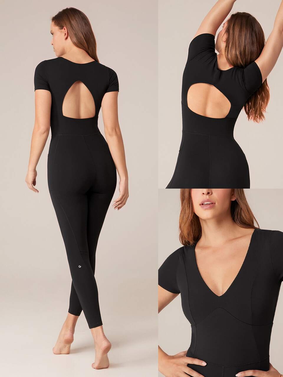 24" ButterFit Cutout Active V-Neck Cutout Bcak Jumpsuit With Side Pockets Low Impact Yoga Pilates Daily Removable Cups