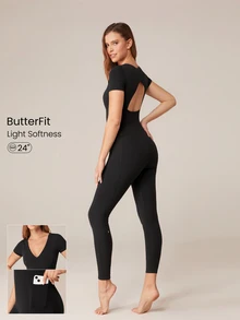 GLOWMODE 24" ButterFit Cutout Active V-Neck Cutout Bcak Jumpsuit With Side Pockets Low Impact Yoga Pilates Daily Removable Cups - Black - View 1