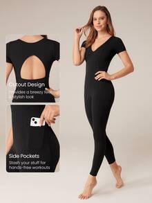 GLOWMODE 24" ButterFit Cutout Active V-Neck Cutout Bcak Jumpsuit With Side Pockets Low Impact Yoga Pilates Daily Removable Cups - Black - View 3