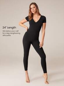 GLOWMODE 24" ButterFit Cutout Active V-Neck Cutout Bcak Jumpsuit With Side Pockets Low Impact Yoga Pilates Daily Removable Cups - Black - View 4