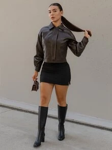 Andrea Bello Autumn/Winter New Loose Casual Thickened PU Women's Regular Outerwear Jacket School - Coffee Brown - View 4