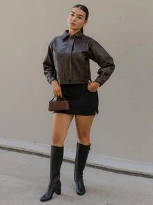 Andrea Bello Autumn/Winter New Loose Casual Thickened PU Women's Regular Outerwear Jacket School - Coffee Brown - View 3