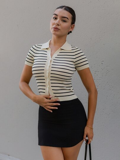 Andrea Bello 女款秋季翻領條紋鈕扣針織開襟衫，都市通勤商務休閒優雅女裝針織上衣