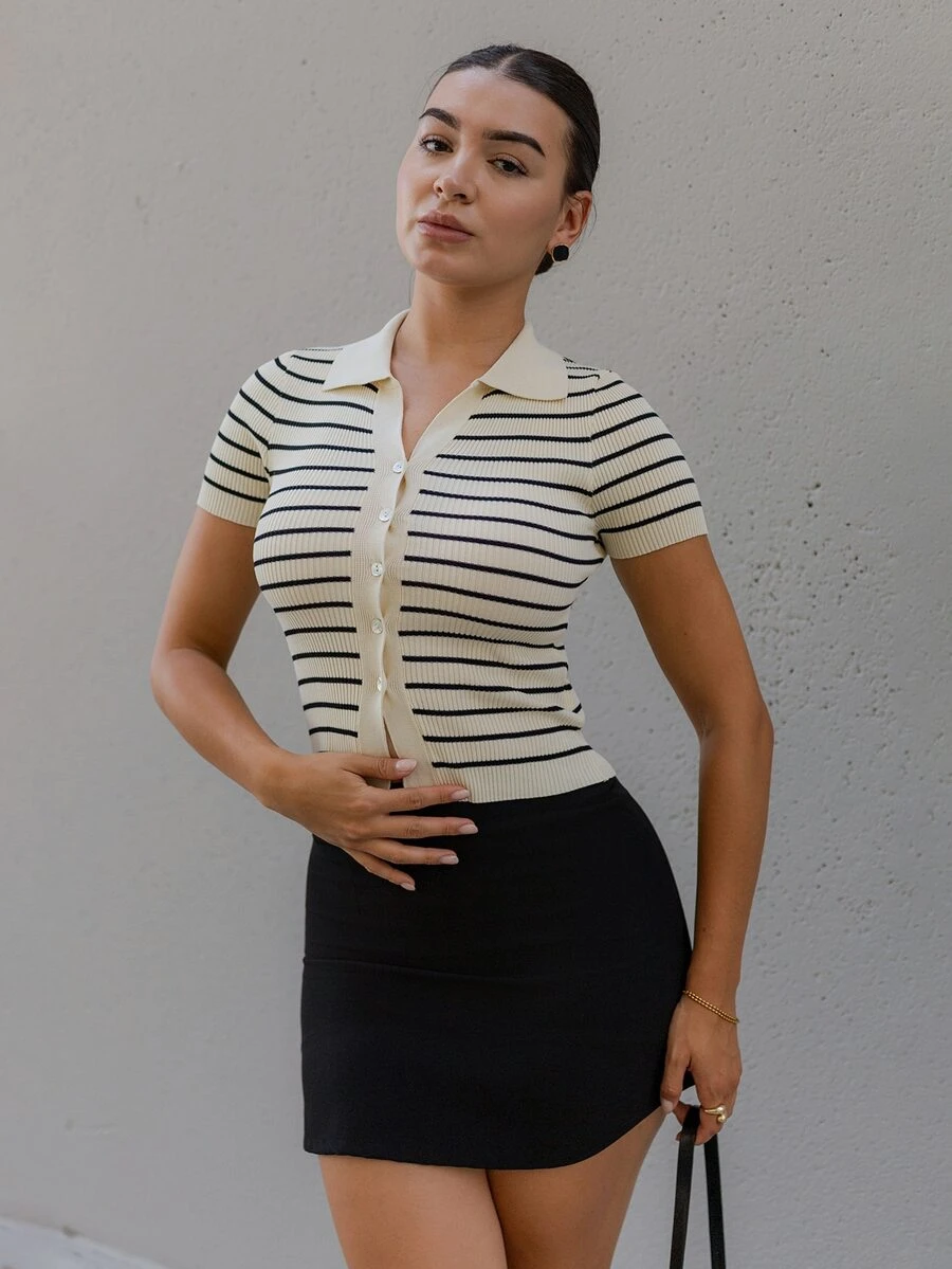 Andrea Bello 女款秋季翻領條紋鈕扣針織開襟衫，都市通勤商務休閒優雅女裝針織上衣