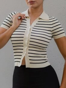 Andrea Bello 女款秋季翻領條紋鈕扣針織開襟衫，都市通勤商務休閒優雅女裝針織上衣 - 杏色 - 查看 7