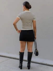 Andrea Bello 女款秋季翻領條紋鈕扣針織開襟衫，都市通勤商務休閒優雅女裝針織上衣 - 杏色 - 查看 3