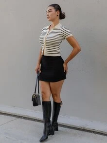 Andrea Bello 女款秋季翻領條紋鈕扣針織開襟衫，都市通勤商務休閒優雅女裝針織上衣 - 杏色 - 查看 6