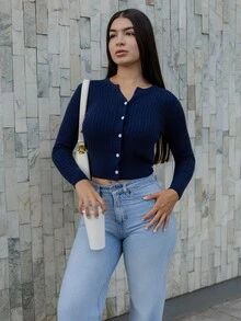 Andrea Bello Women's Casual Twist Knit Cardigan With Single-Breasted Button Closure, Long Sleeve, Autumn/Winter - Navy Blue - View 6