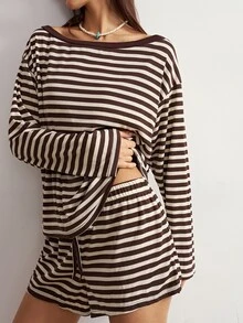 Bohemela Women's Brown Stripe Top Shorts 2 Pieces Set Lounge Autumn Casual - Brown - View 2