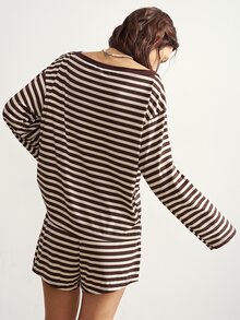 Bohemela Women's Brown Stripe Top Shorts 2 Pieces Set Lounge Autumn Casual - Brown - View 6