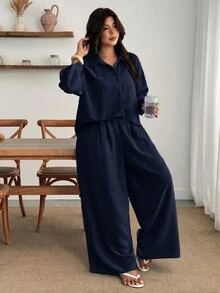Enliva Setelan 2 Potong Linen Biru untuk Wanita Ukuran Besar: Kemeja Kancing Lengan 3/4 dan Celana Panjang Lebar, Pakaian Kasual - Navy Blue - View 9