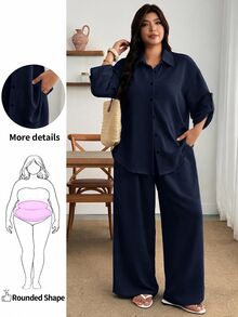 Enliva Setelan 2 Potong Linen Biru untuk Wanita Ukuran Besar: Kemeja Kancing Lengan 3/4 dan Celana Panjang Lebar, Pakaian Kasual - Navy Blue - View 4