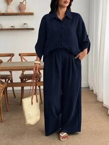 Enliva Setelan 2 Potong Linen Biru untuk Wanita Ukuran Besar: Kemeja Kancing Lengan 3/4 dan Celana Panjang Lebar, Pakaian Kasual - Navy Blue - View 7